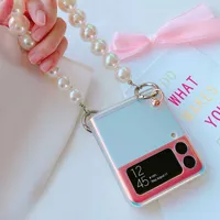 Cell Phone Cases DIY Laser Folding Phone Case For Samsung Galaxy Z Flip 3 5G Cute Pearl Bracelet Portable Hand Chain Matte Back Cover Z0324