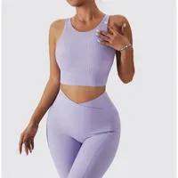 Active Sets Ribbed Long Sleeve Backless Ensemble Female 2 Pieces Yoga Set Women Seamless Workout Fitness Clothes Sportswear Leggings