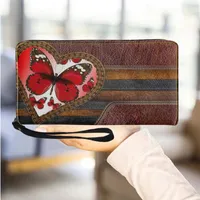 Wallets Personalized Women's Wallet Red Butterfly Pattern Wristlet Leather For Women Zip Around Cellphone Bag Girls Coin Purse