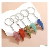 Key Rings Punk Lightning Shape Pendant Ring Opal Crystal Natural Stone Gem Keychain For Women Men Personality Accessories Drop Deliv Dhbam