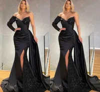 Arabic Vintage Black Long Sleeve Evening Dresses With Beads Sequins Sexy Front Split Pleats Ruffles Party Occasion Gowns Prom Dress BC15456