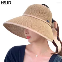 Wide Brim Hats Women Fashion Big Bow Large Empty Top Hat Summer Straw Sun Hollow Breathable Adjustable Beach Anti-UV Sunscreen Cap