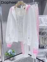 Women's Two Piece Pants White Suit Women Tracksuit Loose Korean Fashion Pink Diamond Sweatshirt Zipper Cardigan Coat Jacket Casual Two-Piece
