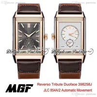 MGF Reverso Tribute Duoface 398258J JLC 854A 2 Automatic Mens Watch Rose Gold Anthracite Silver Dial Brown Leather Strap New Puret272x
