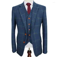 Men's Suits Blue Ckeck Tweed Custom Made Men Suit Blazers Retro Tailor Slim Fit Wedding For 3 Piece Jacket Pants Vest