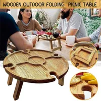Camp Furniture Wooden Outdoor Folding Picnic Table With Glass Holder Round Foldable Desk Wine Rack Collapsible VFR