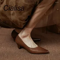 Dress Shoes Cialisa Women Vintage Pointed Toe 2023 Arrival Black Real Leather Handmade Party Mid Heels Ladies Footwear 34-40
