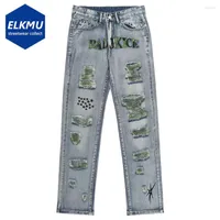 Men's Jeans 2023 Men Ripped Letter Embroidery Fashion Streetwear Hip Hop Blue Slim Straight Denim Pants