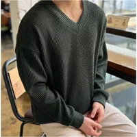Men's Sweaters Men's Men's V-neck Korean Style Trendy Autumn And Winter Loose Solid Color Knitted Bottoming Shirt
