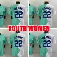 Jóvenes de mujeres personalizadas 22 Bad Bunny 2023 Jersey de la Serie Mundial de béisbol Ciudad en blanco en blanco rojo verde azulado de oro cosido