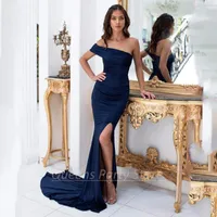 Party Dresses Navy Mermaid Evening Gowns One Shoulder Strapless Pleats Simple Side Slit Court Train Sexy Formal Dress