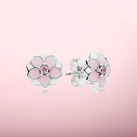 Pink Magnolia Earrings Beautiful Women Jewelry with Original box for Pandora 925 Sterling Silver flower Stud Earring sets249O