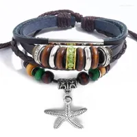 Charm Bracelets Vintage Fashion Handmade Starfish Star Charms Beads Punk Braided Genuine Leather Bracelet Wrap Beaded Bangle Wristbands