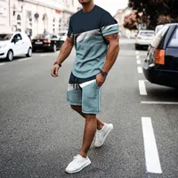 Mens Tracksuits Summer Mens Tshirt Fashion Simple Casual Suit Splicing Short SleeveShorts Oversized 3D Printing TwoPiece Set 230323