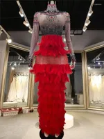 Stage Wear Multi Layers Cake DressRed Feather High End Rhinstone Drag Queen Evening Dress NecFestival Showgirl Costume Women Celebrate