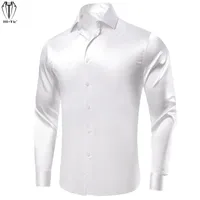 Men's Dress Shirts Hi-Tie White Silk Satin Mens Windsor Collar Solid Long Sleeve Button Down Social Suit Shirt For Male Wedding Office
