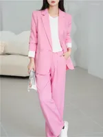 Women's Tracksuits Pink Suits For Women 2023 Oversized Split Long Sleeve Elegant Blazer High Waisted Wide Leg Straight Pants Set