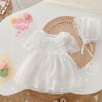 Girl Dresses Baby Kids Princess Dress Infant White Lace Formal Girls Wedding Party Birthday Sweet Gauze And Hats Set