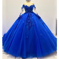 3D Floral Applique Long Quinceanera Dresses Long Sleeves Royal Blue Ball Gown Flowers Princess Vestidos De 15 Anos