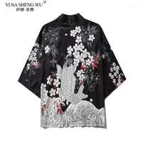 Ethnic Clothing 16 Style Carp Print Black Men And Women Cardigan Blouse Haori Obi Asian Clothes Samurai Kimono Harajuku Japanese Fashion