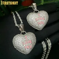 Chains Iced Out Bling CZ Heart Pendant Necklace Silver Color Cubic Zirconia Stone I Love You Charm Women Men HipHop Jewelry