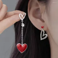 Stud Earrings Korean Retro Asymmetric Red Heart Pendant Earring For Women Hollowed Out 925 Silver Needle Fashion Simple Jewelry