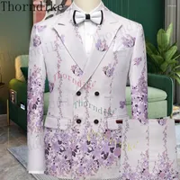 Men's Suits Thorndike Custom Made Groomsmen Pueple Pattern Groom Tuxedos Peaked Lapel Men 2 Pcs Wedding Man ( Jacket Pants )