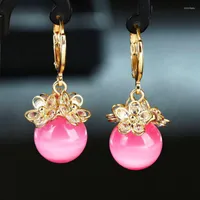 Hoop Earrings Cute Female Pink White Round Stone Luxury Crystal Classic Yellow Gold Color Wedding For Women