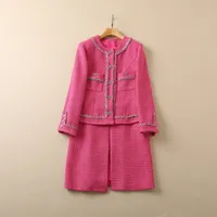 Spring Round Neck Tweed Solid Color Panelled Coat Dress Hot Pink Long Sleeve Pockets Single-Breasted Casual Dresses S2O080115
