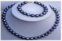 Set of 910mm Natural Tahitian Black Pearl Necklace 18quot Bracelet 758quot 14K Gold4027203
