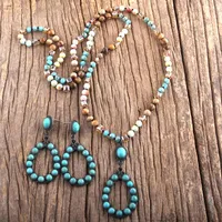 Necklace Earrings Set RH Fashion Boho Jewelry Stone & Glass Long Knotted Blue White Drop Earring Women Gift Dropship