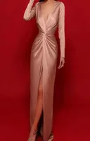 Sexy Engagement Prom Dress V Neck Long Sleeve Ruched Slit Satin Formal Party Gown Vestidos Fiesta Robe De Soiree 2024351785