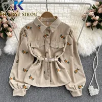 Women's Blouses Corduroy Shirt Jacket Women Floral Embroidery Fashion Belt Lapel Long Sleeve Shirts Short Coat Female Autumn Casual Chic