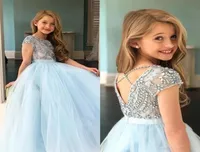 Backless Pageant Birthday Gowns with Beaded Rhinestone Short Sleeves Flower Girls Dresses for Weddings3407194