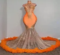 Black Girls Orange Mermaid Prom Dresses 2023 Satin Beading Sequined High Neck Feathers Luxury Skirt Evening Party Formal Gowns BC14323246