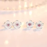 Charm Cherry Flower Blossoms Flower Crystal Stud Earrings For Women Silver Color Daisy Ear Studs Jewelry Christmas Day Birthday Gift AA230324