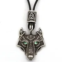 Green Eyes Wolf Pendant Vegvisir Valknut Runes Bead Viking Jewelry Necklace Men Pagan Amulet Talisman Drop1240C