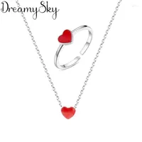 Necklace Earrings Set Fashion Silver Color Statement Jewelry Wedding Bridal Long Red Heart Choker Necklaces Rings Sets For Women