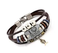 I LOVE JESUS Charm Bracelets Vintage Fish Pendant Christian Multilayer Leather Bracelets for Mens Women Bangle GD1154733077