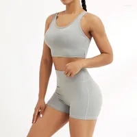 Active Sets Women 2 Piece Backless Yoga Set Workout Exercise Clothes Seamless Gym Sport Suit Sexy Crop Top Shorts Sportswear