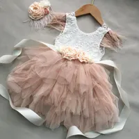 Girl Dresses Born Baby Girls Feather Dress For Infant Toddler Lace Birthday Party Vestido With Belt And Headband 3pcs Baptism Clothes Set