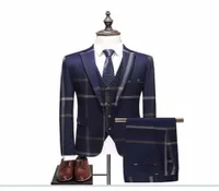 3 PieceJacketVestPant Custom Made Nevy Blue Men Suits Tailor Made Suit Wedding Male Slim Fit Plaid Business Tuxedo4579693