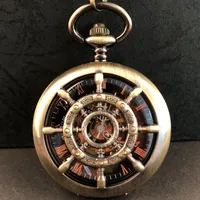 Pocket Watches Bronze Boat Rudder Mechanical Pocket Watches for Men Hollow Steampunk Skeleton Pocket Fob Chain Watches Male Gifts reloj hombre 230325