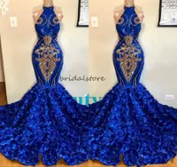 Africa Royal Blue Mermaid Prom Dresses With Rose Floral Halter Plus Size Formal Evening Gown Spark Sequin Applique Sweet 16 Quince5454615