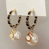 Hoop Earrings Fashion Women Girls Number 5 Drop Chain Pearl Stud Jewelry Gift