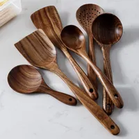 Cookware Parts 7pcsset Teak Natural Wood Tableware Spoon Ladle Turner Rice Colander Soup Skimmer Cooking Spoon Scoop Kitchen Reusable Tool Kit 230324