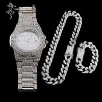 Luxury Gold Color Watch Crystal Miami Out Cuban Chain Gold Silver Men Watch & Necklace & Bracelet Hip Hop Jewerl For Men 2CM2564