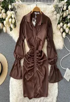 Casual Dresses 2022 Spring Women Brown Shirt Dress Polo Neck Puff Long Sleeve Folds Slim Designer Streetwear Mini Robe Femme Vesti8265227