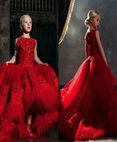 Red High Low Girls Pageant Dresses 3D Floral Appliques Lace Feathers Sweep Train Party Birthday Gowns Flower Girl Dress For Weddin3549096