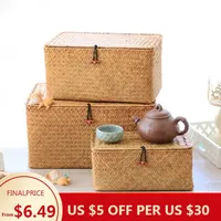 Storage Boxes Bins Handmade Seaweed Storage Basket Woven Storage Box Sundries Organizer Cosmetic Toy Basket with Lid Bath Towel Clothes Container P230324